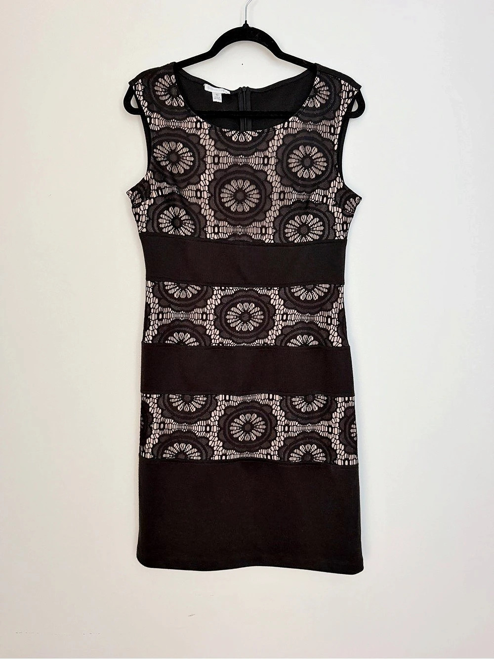 Women’s London Times Sheath Knee Dress Black Nude Overlay Lace Floral Size 10
